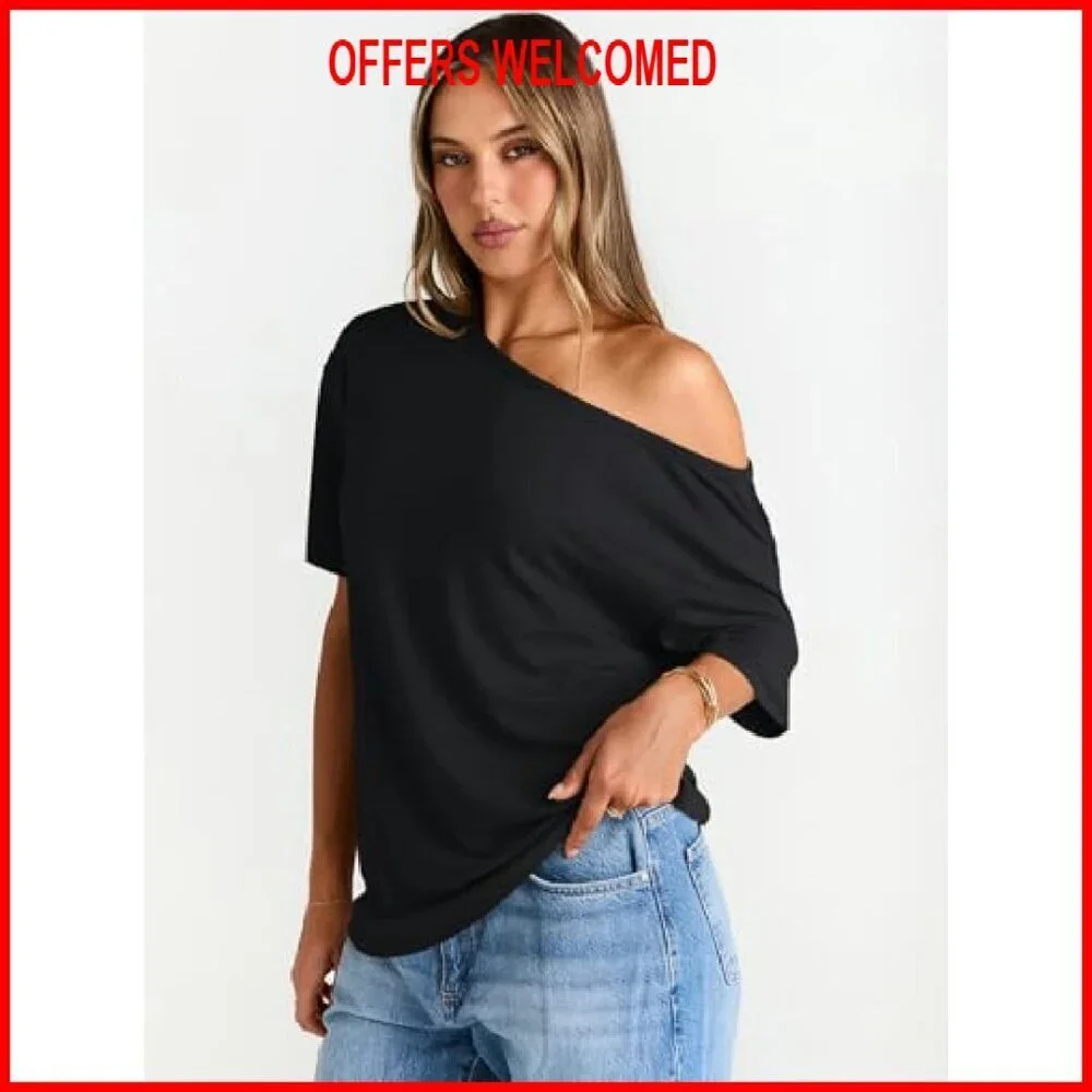 Oversized Off Shoulder Short Sleeve Tee, Soft Polyester Blend, Loose Fit - Picture 5 of 6